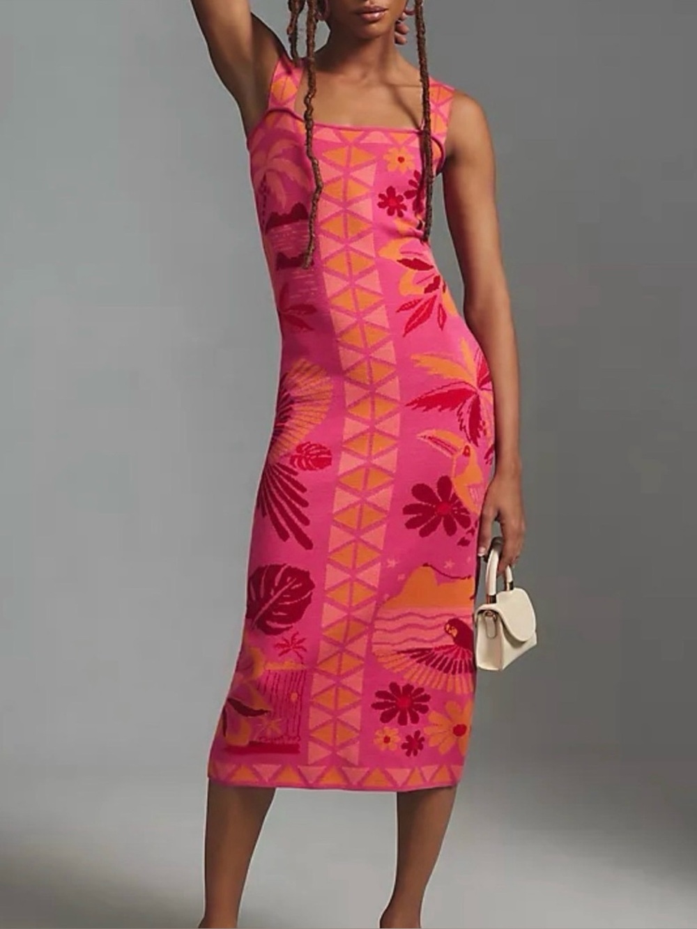 FARM Rio Pink and Orange Floral Knit Midi Dress